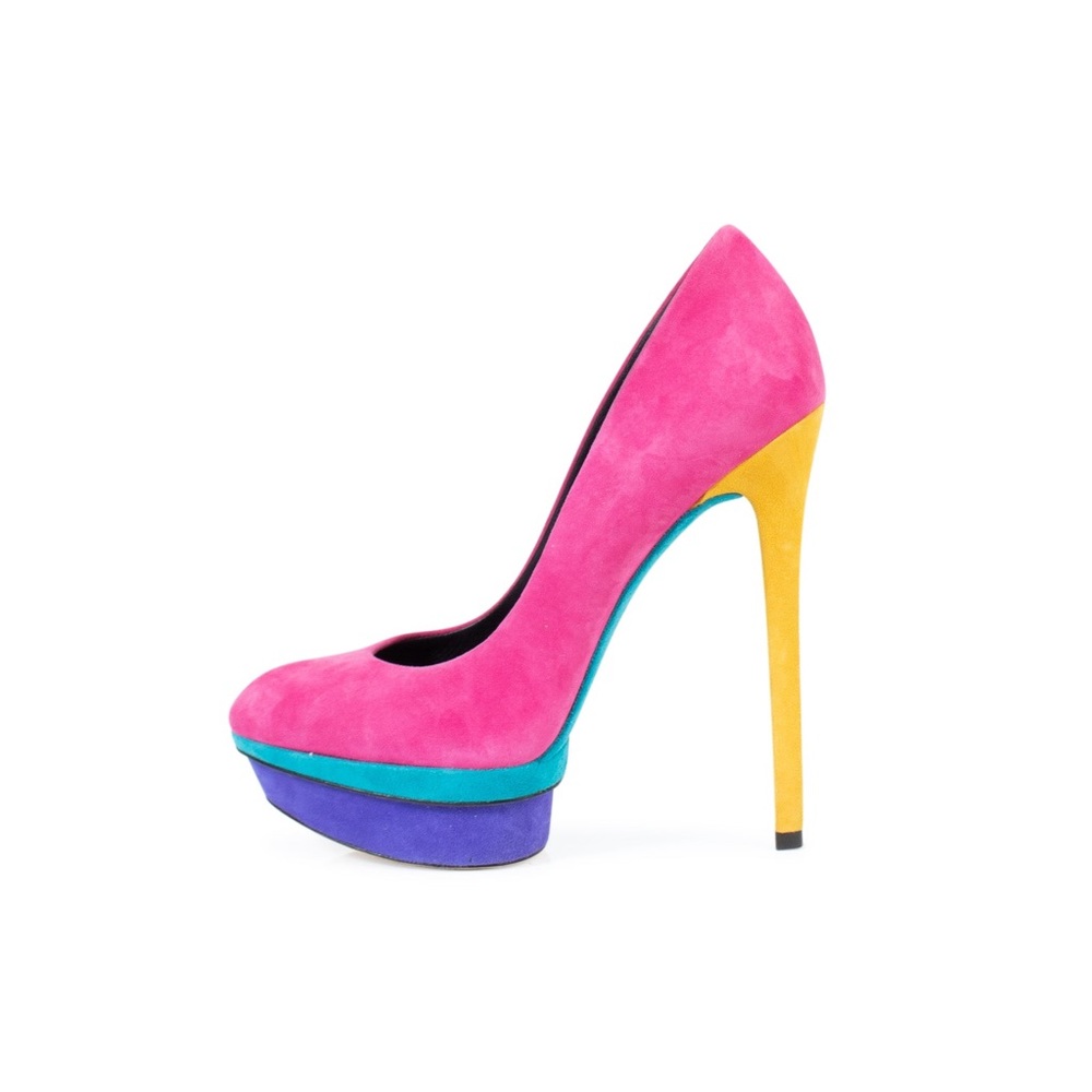 👠B Brian Atwood Suede Color Block Multicolor Platform Pumps High Heels 👠